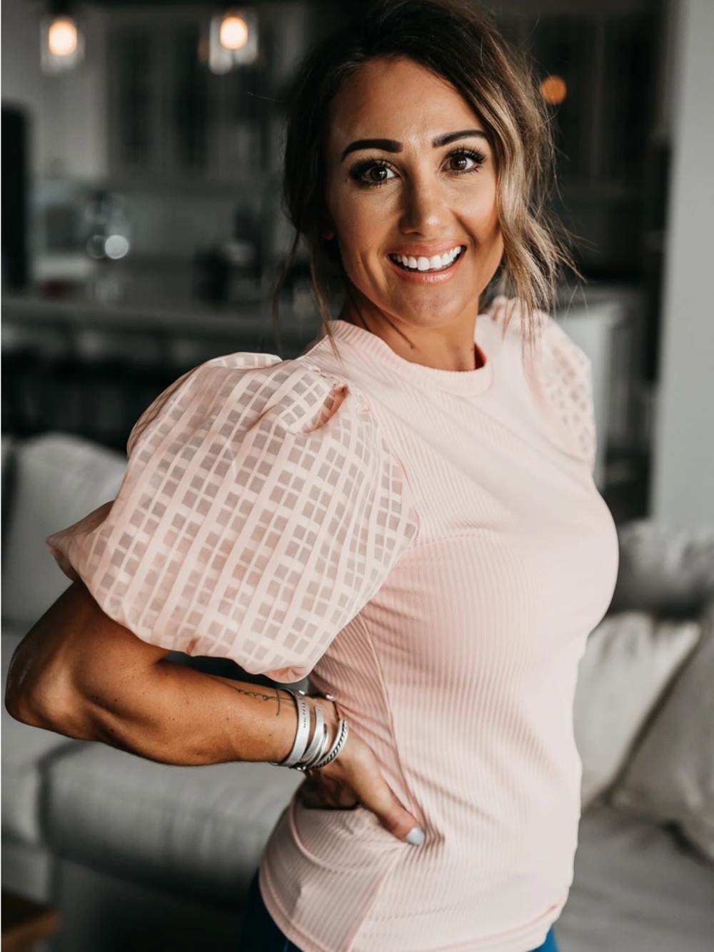 Jealous Tomato Peach Puff Sleeve Ribbed Tee